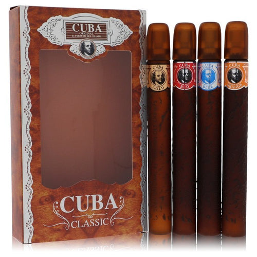Cuba Gold by Fragluxe Gift Set -- Cuba Variety Set includes All Four 1.15 oz Sprays Cuba Red Cuba Blue Cuba Gold and Cuba Orange (Men) - Caressed Parfum
