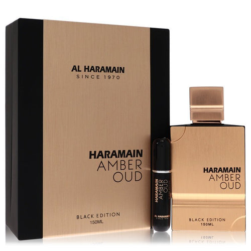 Al Haramain Amber Oud Black Edition by Al Haramain Gift Set 5 oz 5 oz Eau De Parfum Spray + 0.34 oz Refillable Spray (Men) - Caressed Parfum