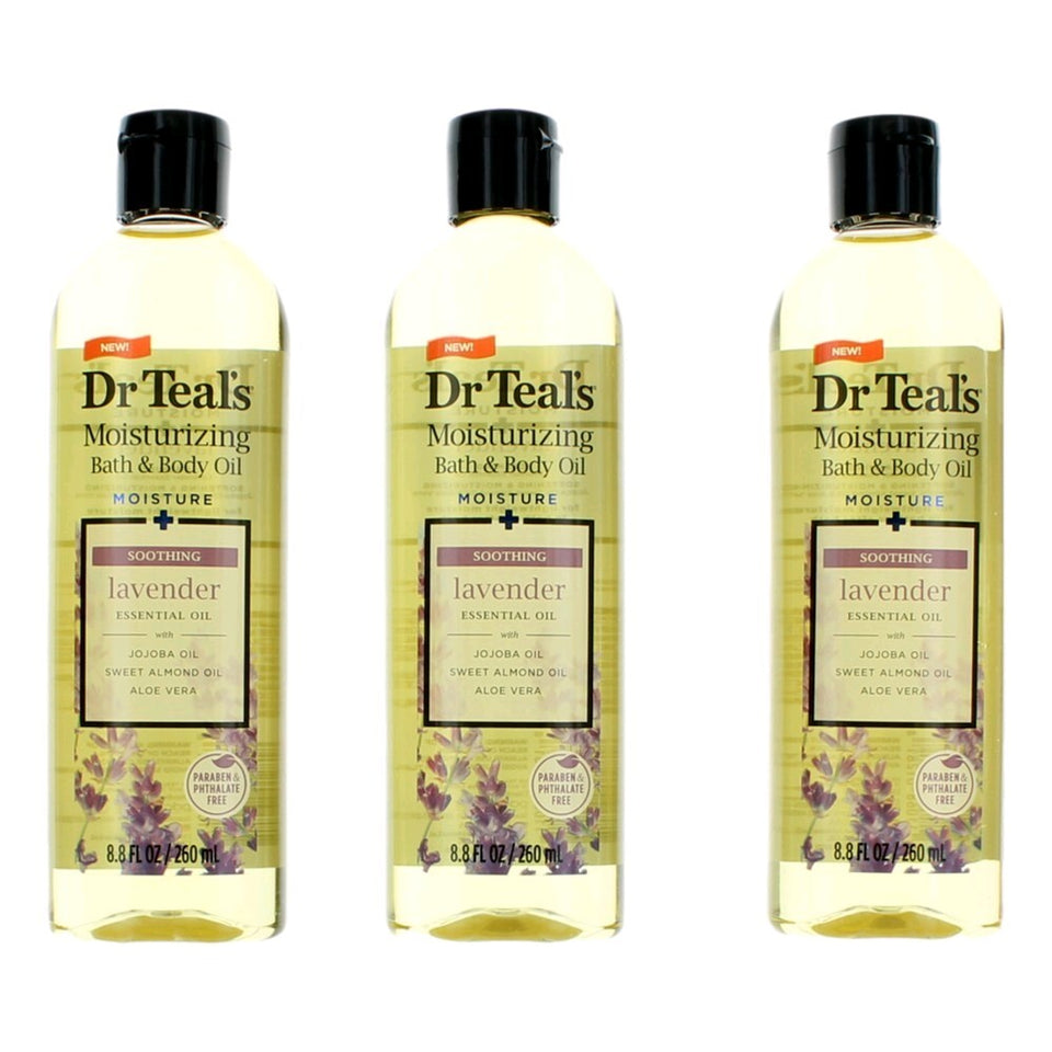 Soothing Lavender Essential Oil by Dr. Teal's, 3 Pack 8.8 oz Moisturizing Bath & Body Oil - Caressed Parfum