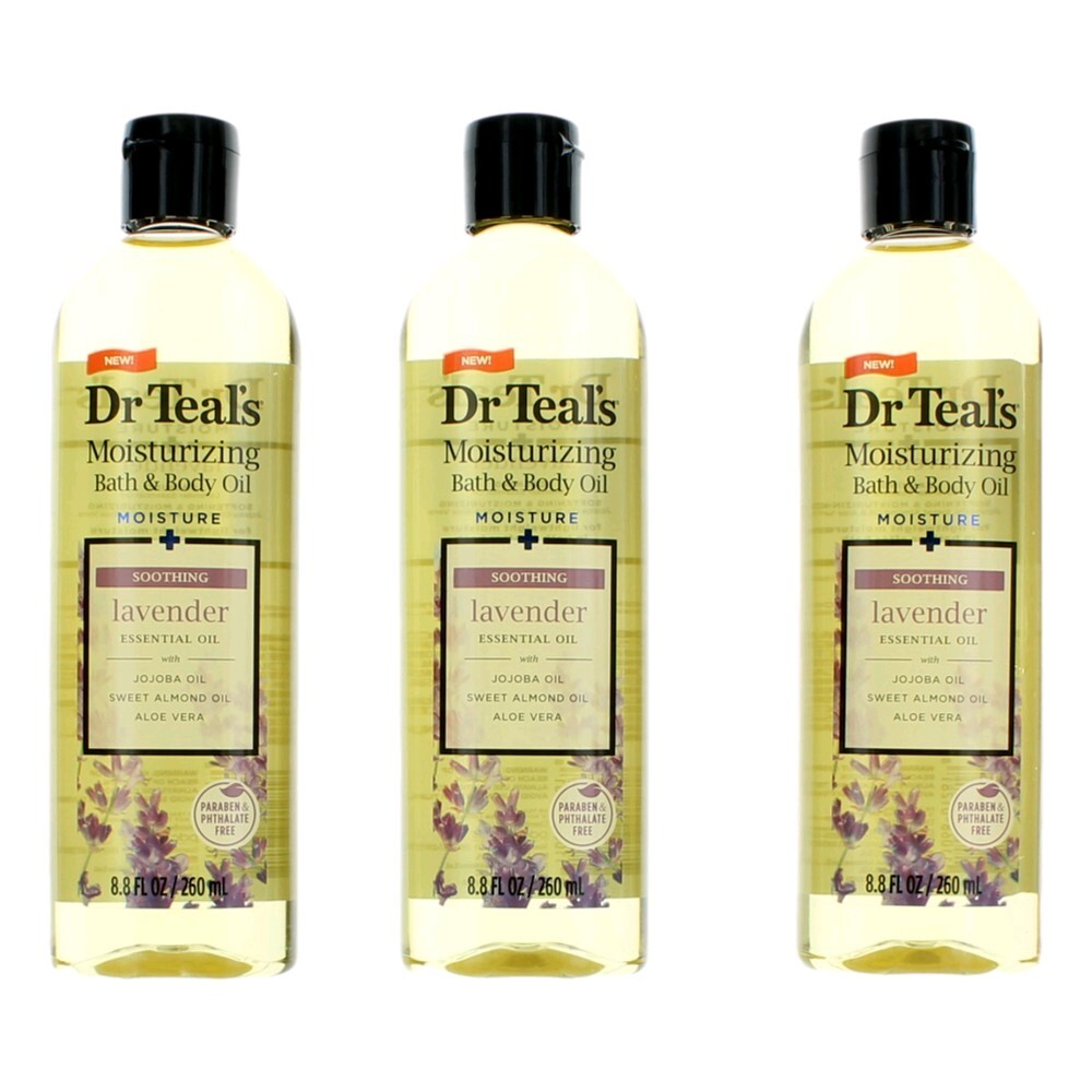 Soothing Lavender Essential Oil by Dr. Teal's, 3 Pack 8.8 oz Moisturizing Bath & Body Oil - Caressed Parfum